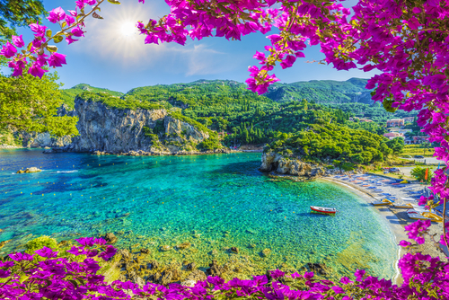 Amazing bay with beautiful pink flowers in the foreground and crystal clear water in Paleokastritsa, Corfu (Kerkyra) Island, Greece