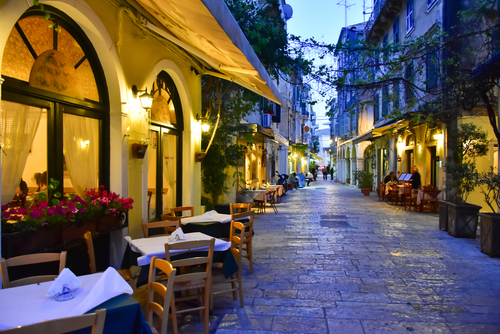 Corfu town's streets with taverns by night, Corfu (Kerkyra) Island, Greece
