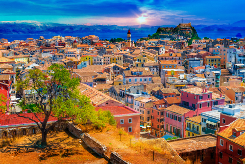 Beautiful and colorful aerial view of Kerkyra (Corfu) old town on the Island of Corfu, Greece