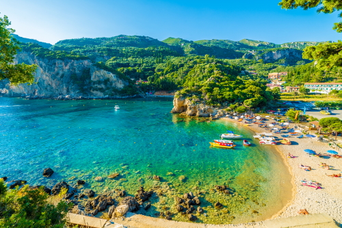 Beautiful beach and crystal clear waters in Paleokastritsa, Island of Corfu (Kerkyra), Greece