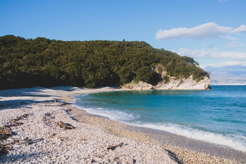 View of Erimitis coast landscape near Sinies, Kassiopi and Agios Stefanos village, Corfu island, Ionian Islands, Greece