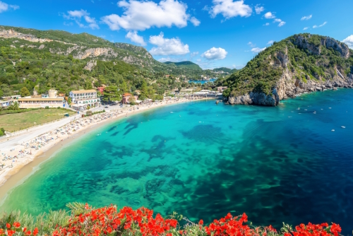 Amazing view of Palaiokastritsa beach and its facilities on the Island of Corfu, Ionian Islands, Greece