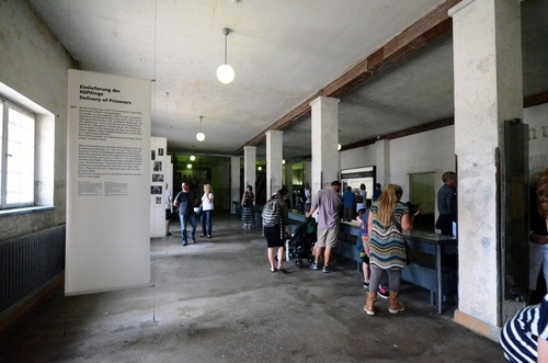 Prisoner reception area inside the Dachau Concentration Camp Memorial Museum, site of the first concentration camp built in Germany in 1933 near Munich, Bavaria, Germany
