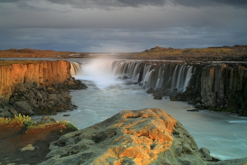 View of Selfoss waterfall, at Sunset, Jökulsargljufur National Park, Iceland