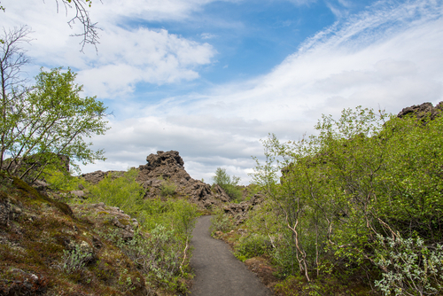 View of Dimmuborgir lava field and reservation situated in Myvatn area in North Iceland