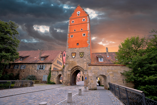 Dramatic view and skies of the historic town of Dinkelsbuhl tower gate view, Romantic road of Bavaria region of Germany