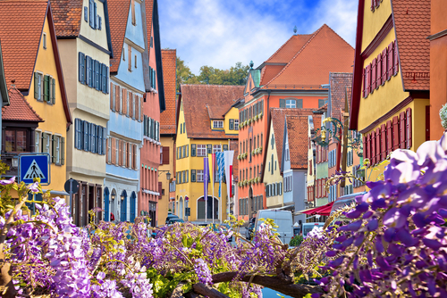 Colorful German facades of historic town of Dinkelsbuhl, Romantic road of Bavaria region of Germany