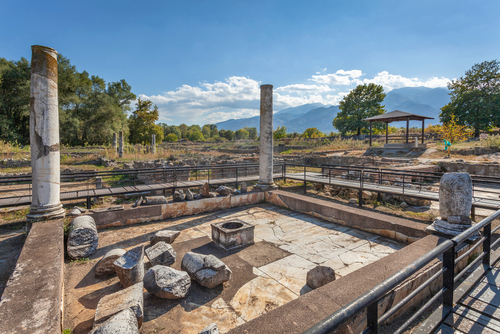 Remains of luxury roman house in Archaeological park of ancient town Dion, situated in the northern foothills of Mount Olympus, Pieria, Macedonia, Greece
