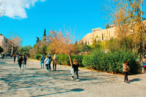 People walking on Dionysiou Areopagitou street, Athens, Greece