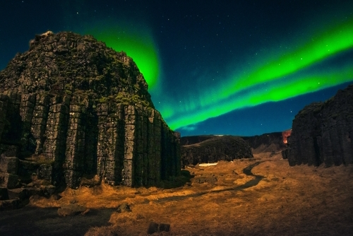Beautiful view of the Dwarf Crags, Dverghamrar Cliffs and Aurora Borealis in the background, Landmannalaugar Reservation, Iceland