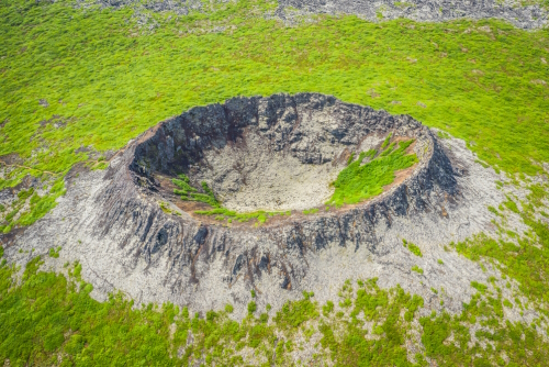 Aerial view of the Eldborg volcano crater in Snaefellsnes Peninsula, Vesturland, Iceland