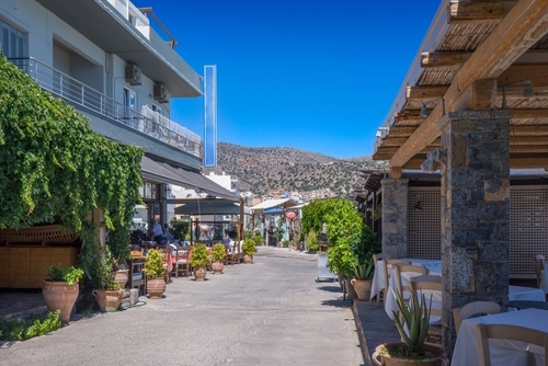 View of the streets of the village of Elounda, near Agios Nikolaos, Lasithi, Island of Crete, Greece