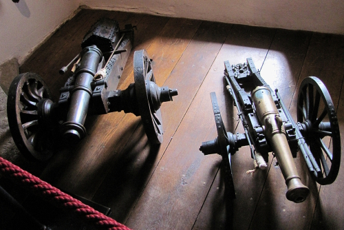 View of two cannons at the Eltz Castle, a medieval castle on the hills above the Moselle River, Rhineland-Palatinate, Germany