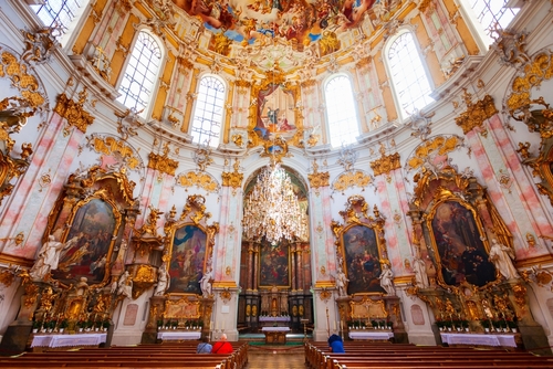 Ettal Abbey interior, a Benedictine monastery in the village of Ettal close to Oberammergau and Garmisch-Partenkirchen town in Bavaria, Germany