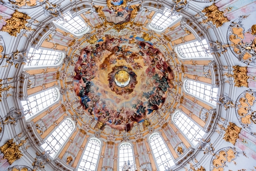 Rococo and baroque decors in Ettal abbey, decoration by stuccoist Josef Schmutzer and Johann Baptist Straub, 18th century in the village of Ettal close to Oberammergau and Garmisch-Partenkirchen town in Bavaria, Germany