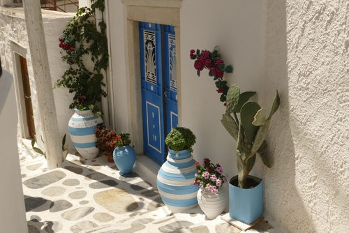 Typical, beautiful Greek street view in a small Naxian village of Filoti, Naxos Island, Cyclades Islands, Greece