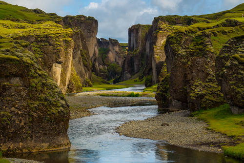 Beautiful Fjadrargljufur canyon with river Fjadra and big rocks, Southeast Iceland