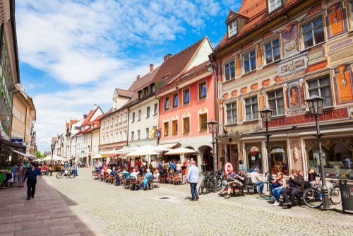 Street cafe in the Fussen old town city centre. Fussen is a small town in Bavaria, Germany