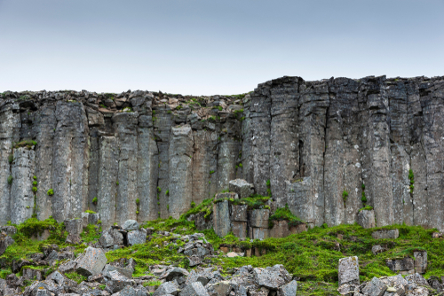 The huge Gerðuberg basalt columns creating a majestic scene in Iceland's nature as a popular stop before or after visiting the Snaefellsnes Peninsula, Iceland
