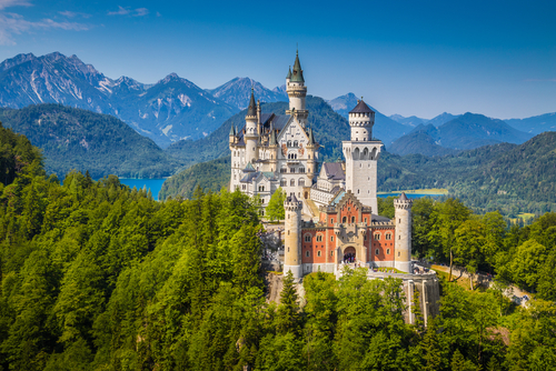 Beautiful view of world-famous Neuschwanstein Castle, the nineteenth-century Romanesque Revival palace built for King Ludwig II on a rugged cliff near Fussen, southwest Bavaria, Germany