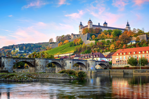 View of the Marienberg Fortress and the Old Main Bridge on colorful sunrise, Wurzburg, Bavaria, Germany