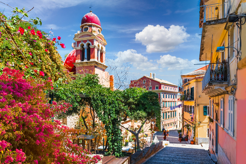 Corfu Old town landscape view with colorful flowers on the island of Corfu (Kerkyra), Greece