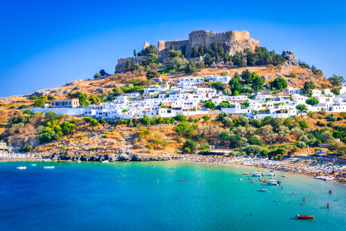 Lindos, a small whitewashed village and its Acropolis, scenery view in Rhodes island, Greece in the Aegean Sea
