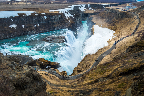 Aerial view of the Gullfoss waterfall that is most powerful waterfall in Iceland located within the Golden Circle