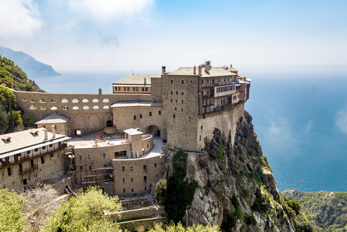 Aerial view of the Simonopetra monastery located on Mount Athos, Halkidiki (Chalkidiki) peninsula, Greece