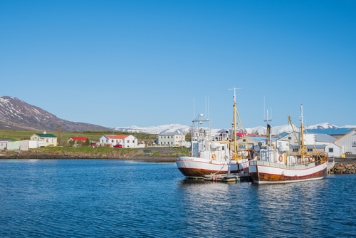 Oak passenger vessels in port of Hauganes in north Iceland