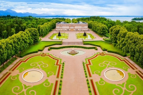 Herrenchiemsee Palace aerial view, it is a complex of royal buildings on Herreninsel, the largest island in the Chiemsee lake, Southern Bavaria, Germany