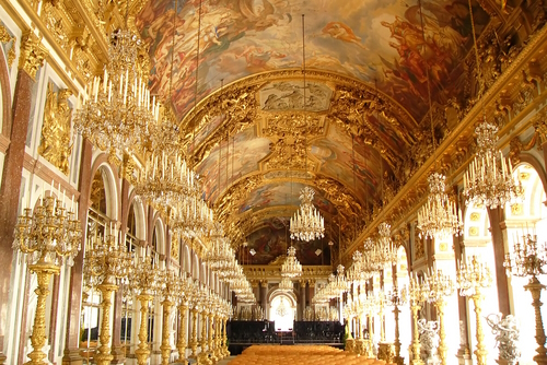 Interior view of a hall in Herrenchiemsee Palace (New Palace), one of the most famous castles and the largest of King Ludwig II, located on the island of Herreninsel in the Chiemsee lake, Bavaria, Germany