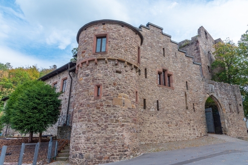 View of the entrance to Hohenbaden Castle near Baden-Baden in the Black forest, Baden-Wurttemberg, Germany