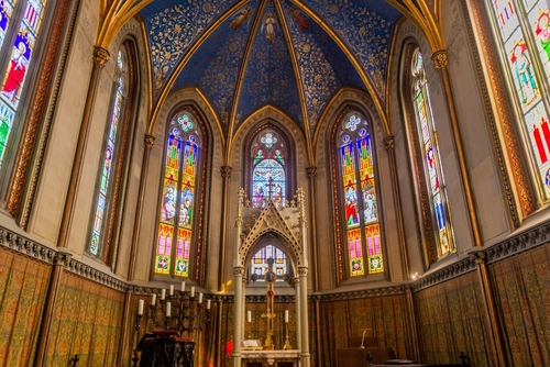 Interior view of the beautiful stained-glass windows at the Chapel of Hohenzollern Castle in the Black Forest, Baden-Wuerttemberg, Germany