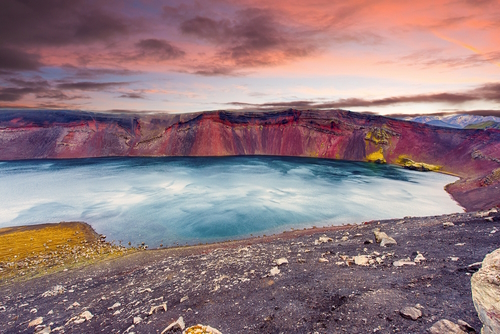 Sunset over Ljotipollur lake in the crater of volcano in Landmannalaugar Reservation, Iceland