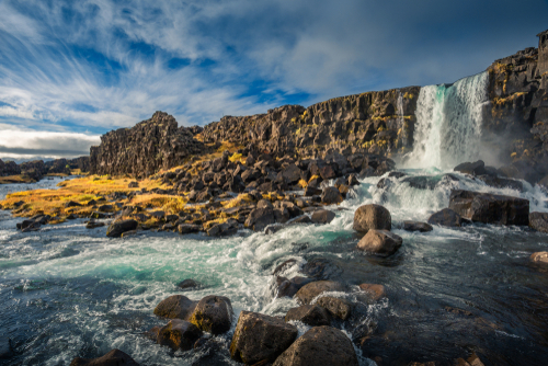 Thingvellir waterfall at the Thingvellir National Park, The Golden Circle, Iceland