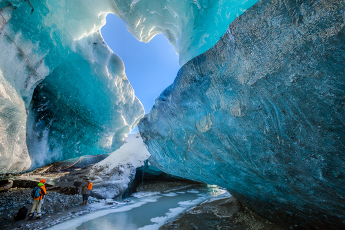 Inside an ice cave in Vatnajokull, Iceland. The ice is thousands of years old and so packed it is harder than steel and crystal clear