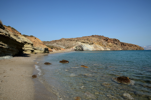 View of the secluded Kalogeros beach on the Island of Paros, Cyclades Islands, Greece
