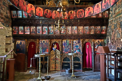Enterior view of the Church of the Nativity at Kastro (Castle) the medieval fortified town of Skiathos, at the north part of the Island of Skiathos, Sporades Islands, Greece