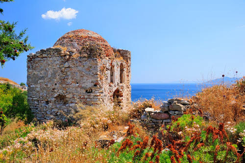 View of Ruins in Kastro, old metropolis on the Island of Skiathos, Sporades Islands, Greece