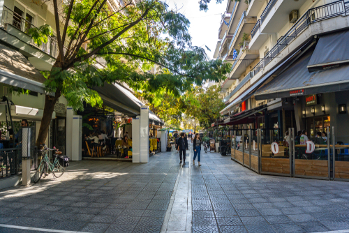 People walking on a street in a typical day in Katerini, Pieria, Macedonia, Greece