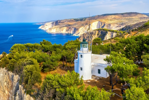 Aerial view of the Keri Lighthouse on the Island of Zakynthos, Ioninan Islands, Greece