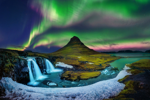 Northern Light, Aurora borealis at Kirkjufell mountain in Iceland, in winter