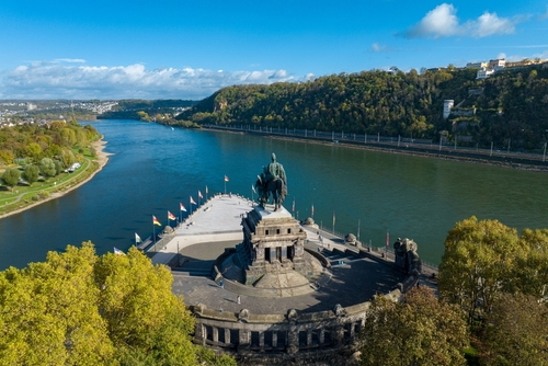 Aerial view of Koblenz Deutsches Eck Island, Koblenz is where Mosel river joins Rhine in Rhine Valley, Rhineland-Palatinate, Germany