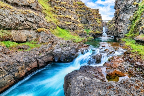 Breathtaking view of Kolugljufur canyon and Kolufossar falls. Kolugljufur gorge is located on river Vididalsa, northern Iceland