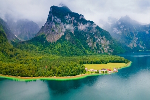 St. Bartholomew aerial view, a roman catholic church at the Konigssee Lake in Bavaria, Germany