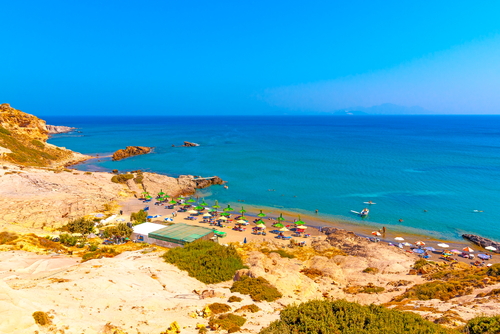 View of the famous Camel beach and its facilities on the Island of Kos, Dodecanse Islands, Greece