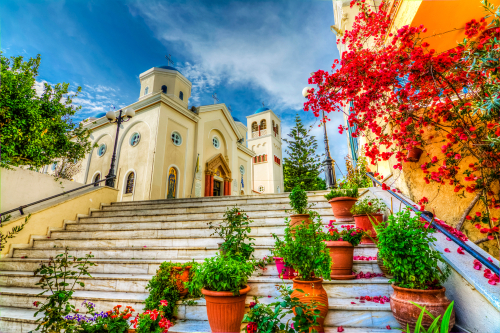 Beautiful colorful street view on the Island of Kos, Dodecanese Islands, Greece
