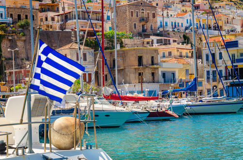 A view of a harbor filled with boats on the Island of Kos, Dodecanese Islands, Greece