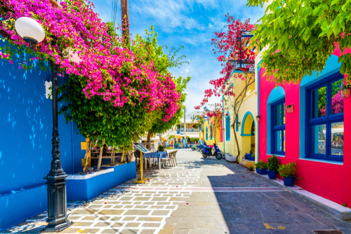 Beautiful and colorful view of a street in Kos town on the Island of Kos, Dodecanese Islands, Greece